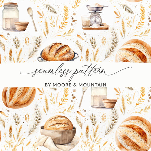 Bread Watercolor Pattern, Baking Seamless File, Kitchen Digital Paper, Wheat Digital Download, Food Repeat Pattern, Scrapbook Paper - Moore and Mountain