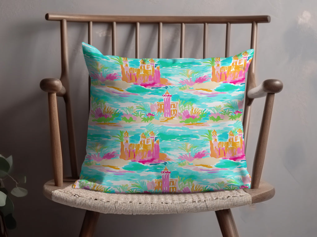 Vibrant Coastal Castle Design Throw Pillow Product