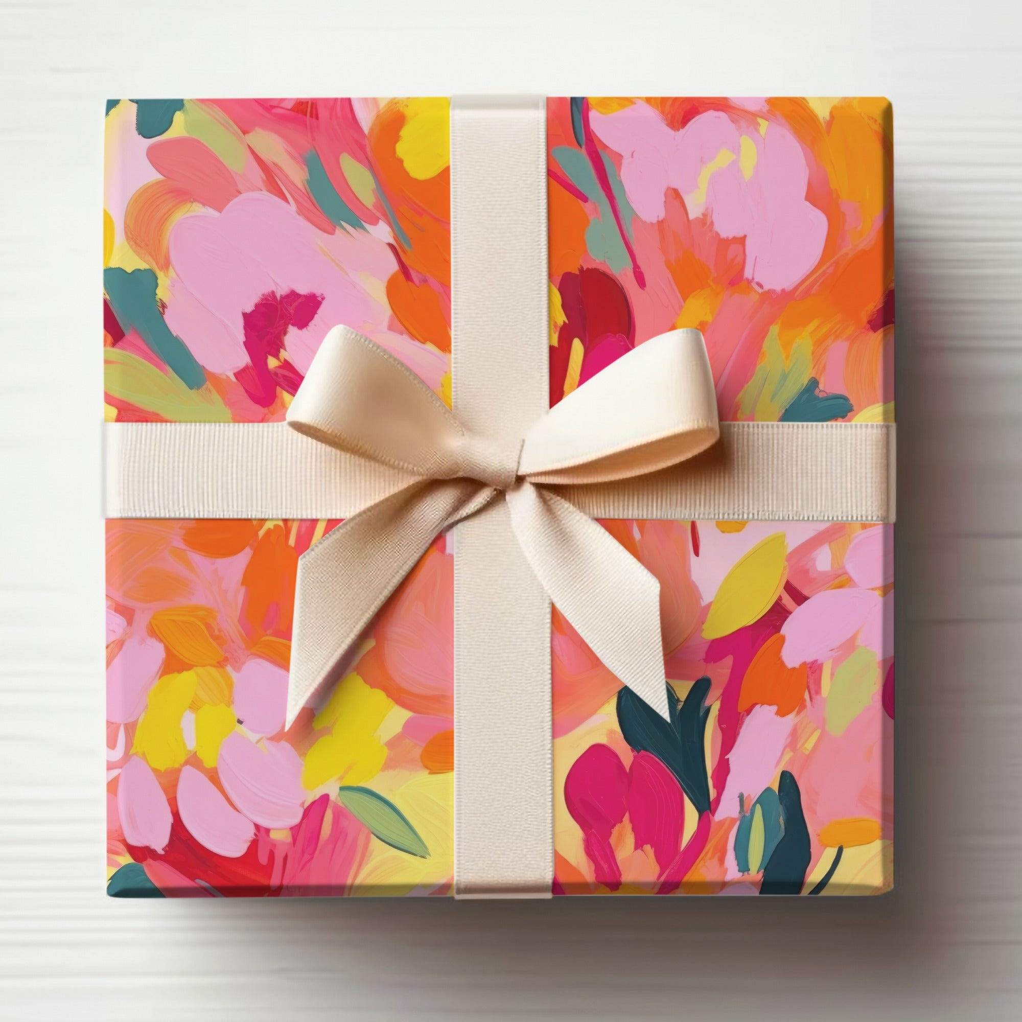 Elegant Floral Gift Wrap Box with Cream Ribbon on Top