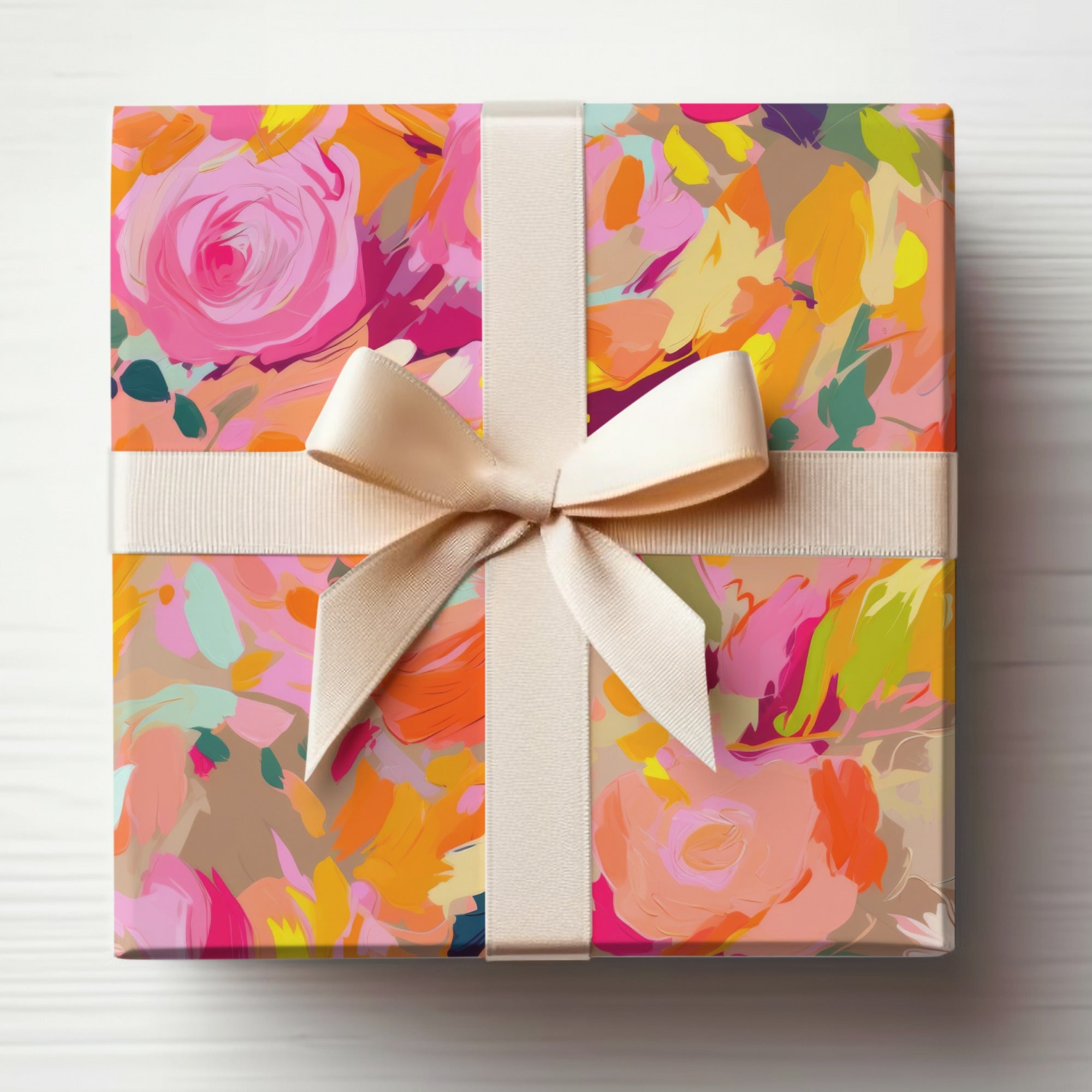 Vibrant Floral Gift Wrap with Elegant Ivory Bow