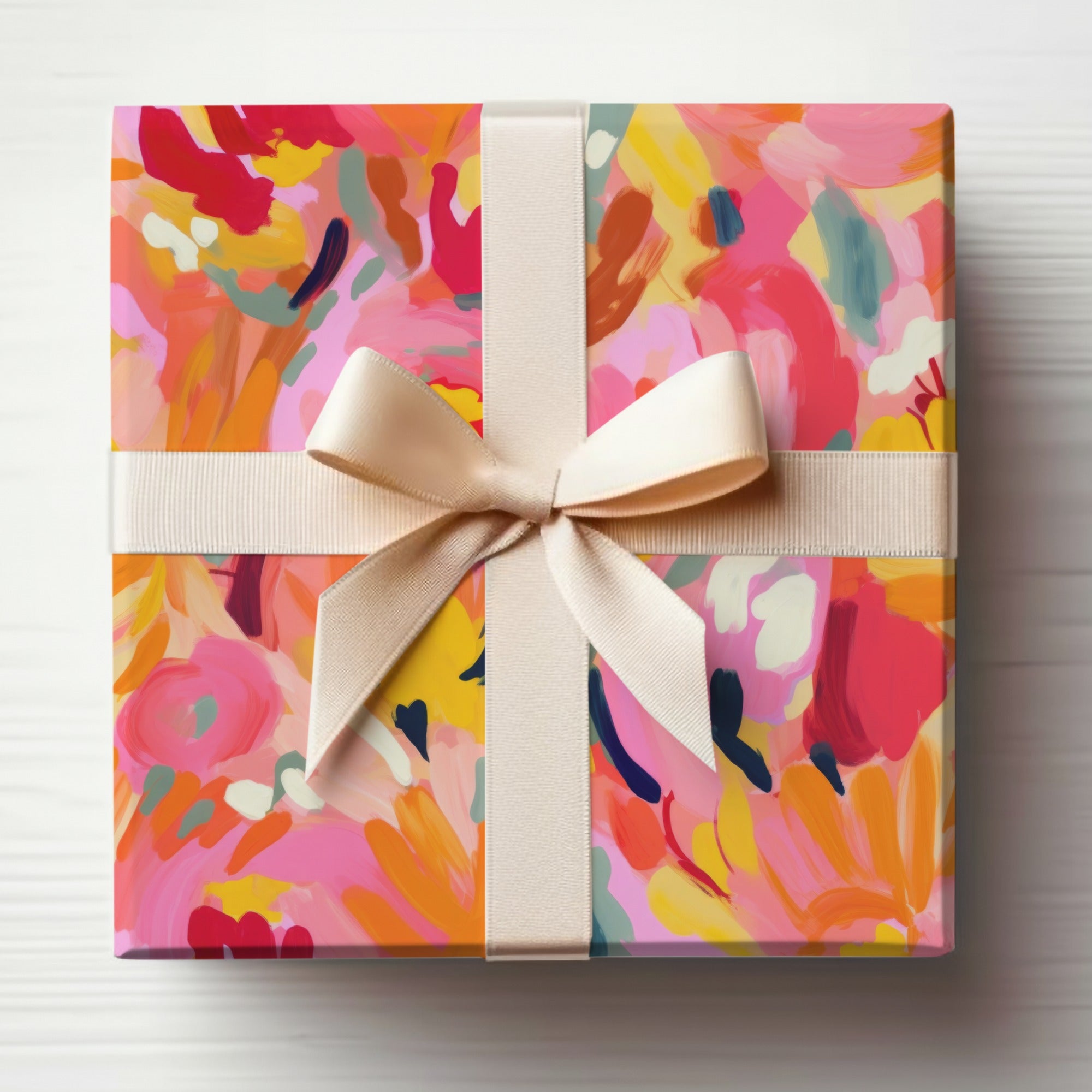 Colorful Floral Gift Wrap with Cream Ribbon Design