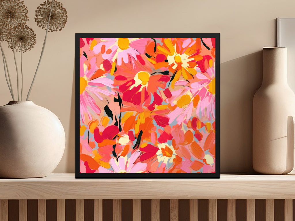Vibrant Abstract Floral Art Print in Black Frame