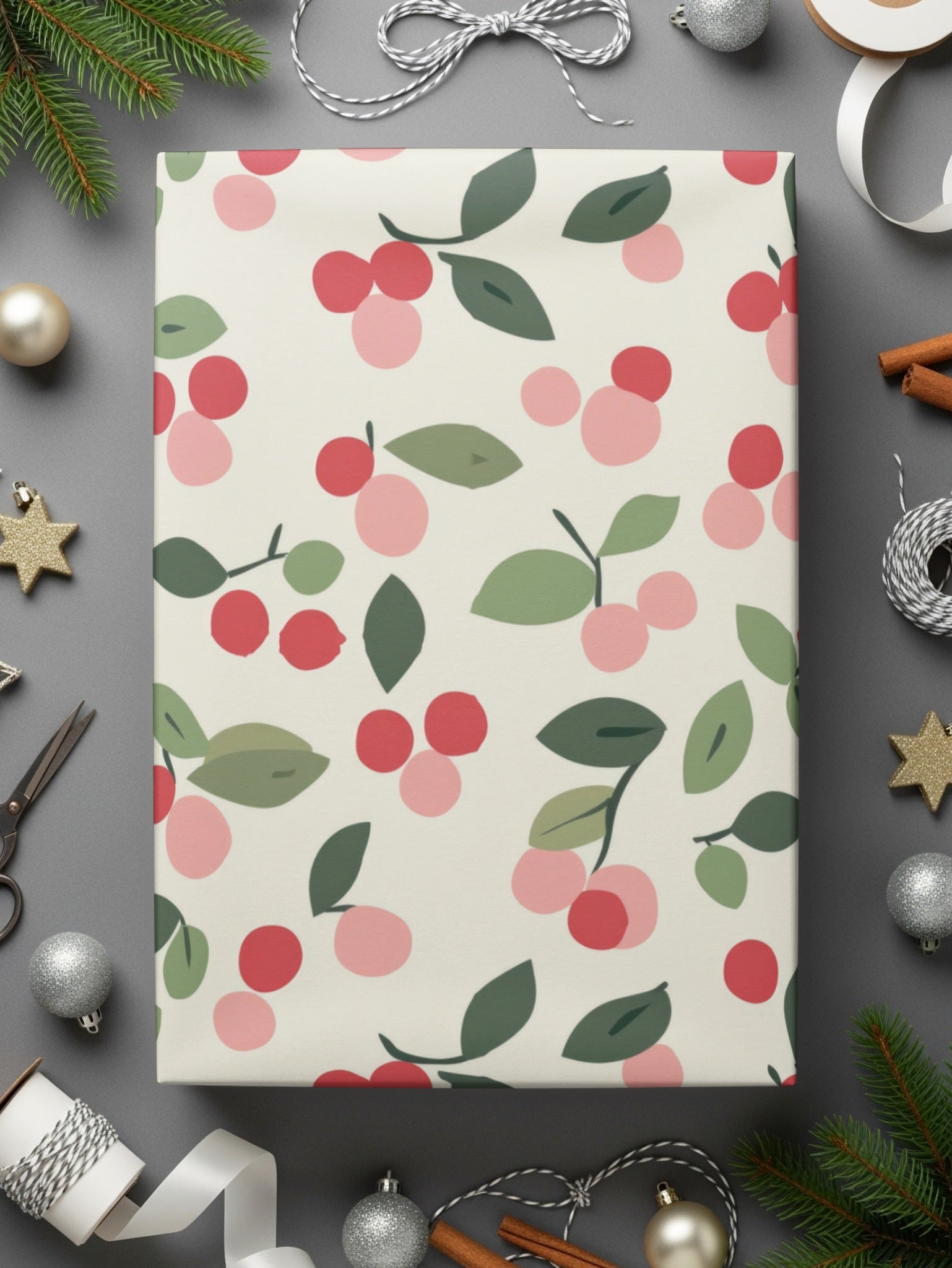 Festive Cherry and Leaf Pattern Gift Wrap Paper