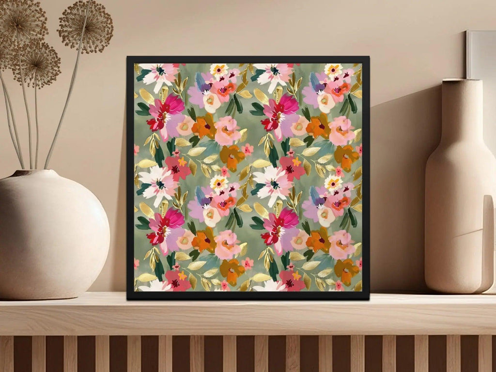 Bright Sage Green and Pink Floral Digital Seamless Pattern, Flower Garden Illustration, Repeating Design for Fabric, - Moore and Mountain