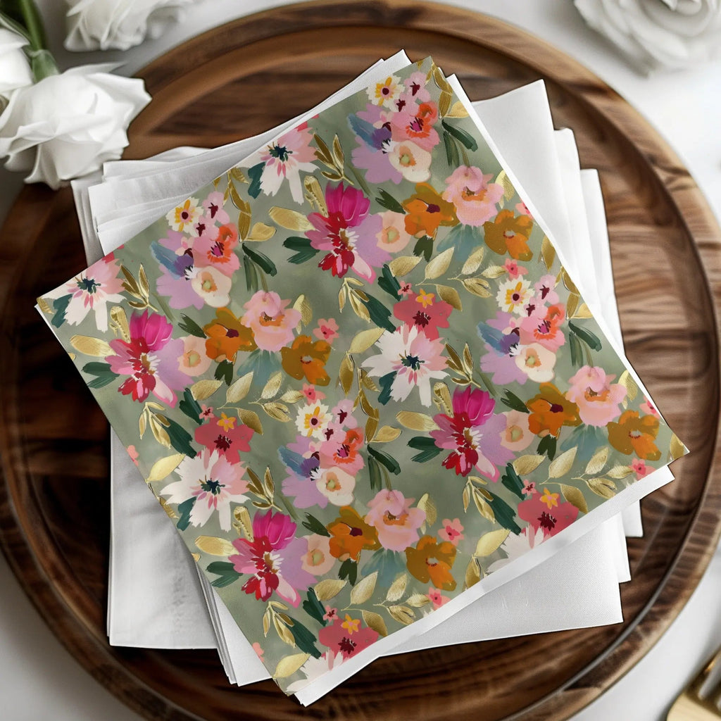 Bright Sage Green and Pink Floral Digital Seamless Pattern, Flower Garden Illustration, Repeating Design for Fabric, - Moore and Mountain