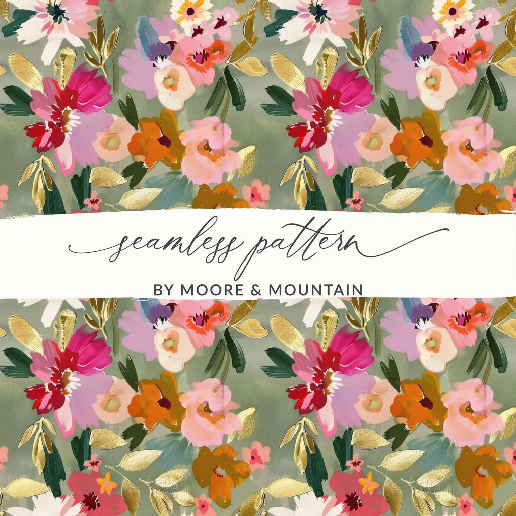 Bright Sage Green and Pink Floral Digital Seamless Pattern, Flower Garden Illustration, Repeating Design for Fabric, - Moore and Mountain
