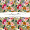 Bright Sage Green and Pink Floral Digital Seamless Pattern, Flower Garden Illustration, Repeating Design for Fabric, - Moore and Mountain