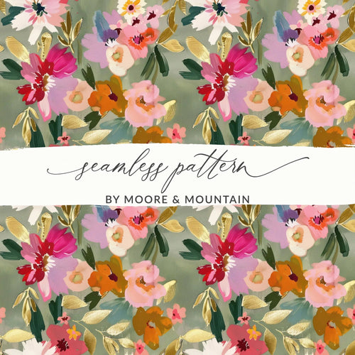 Bright Sage Green and Pink Floral Digital Seamless Pattern, Flower Garden Illustration, Repeating Design for Fabric, - Moore and Mountain