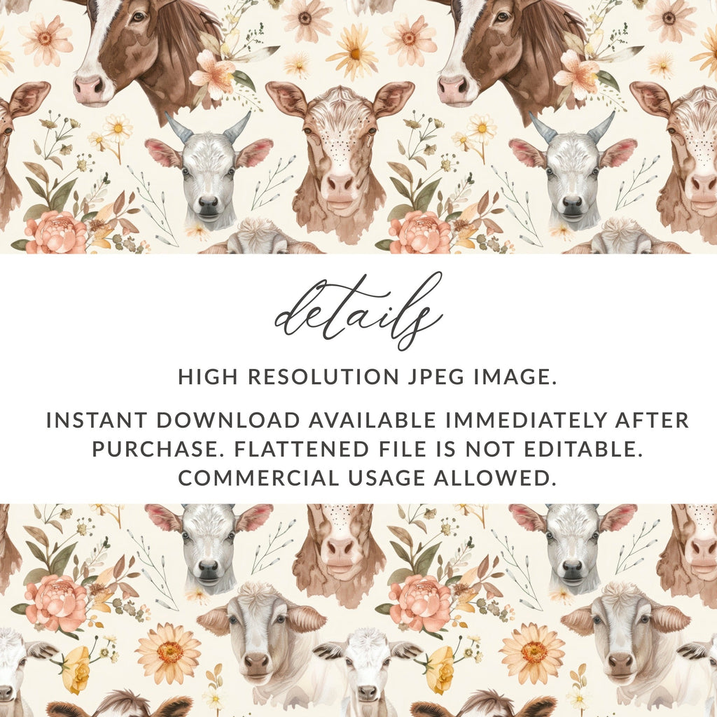 Brown and White Cows Digital Paper, Watercolor Floral Pattern, Farm Animals, Spring Fabric Design, Seamless Background, Scrapbooking - Moore and Mountain