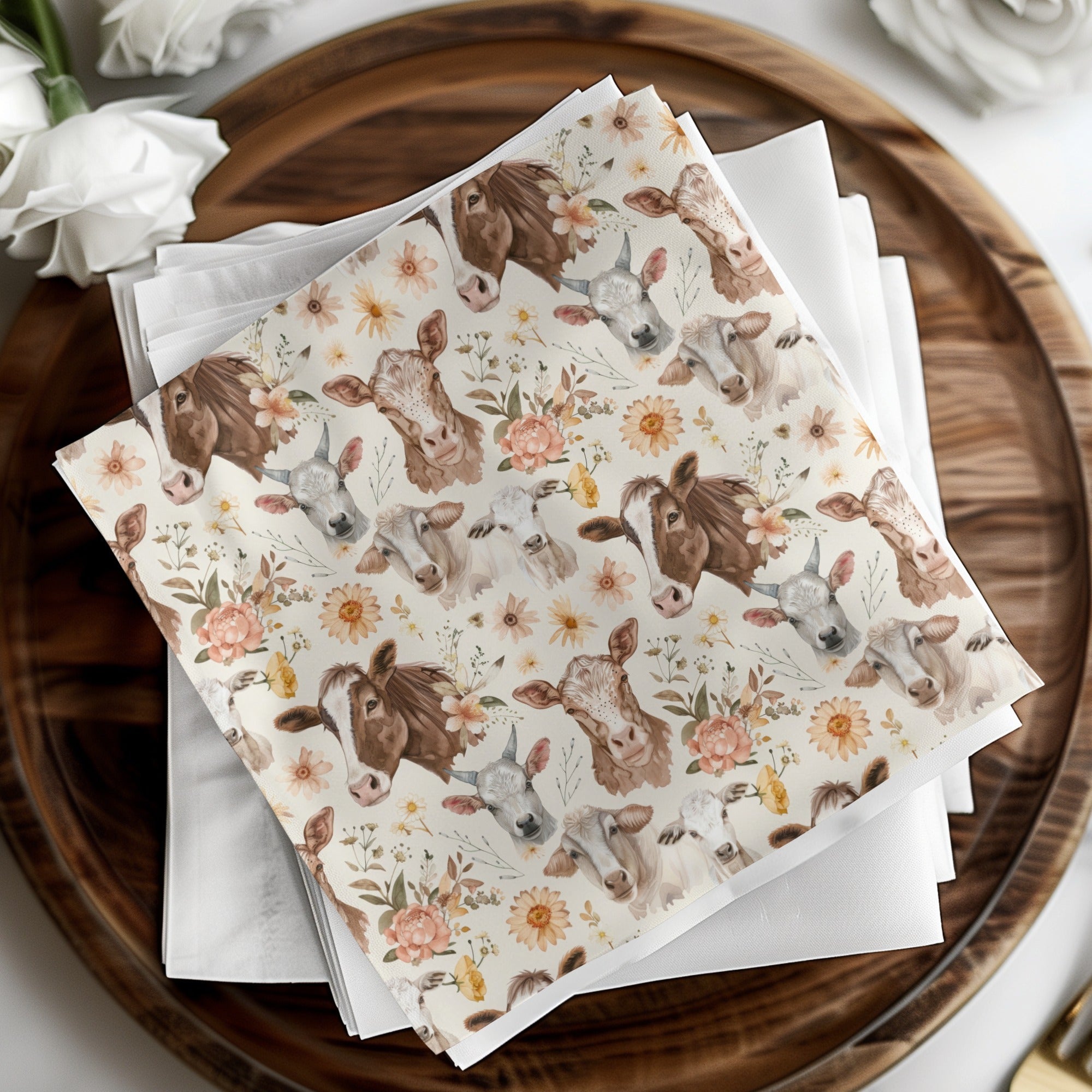 Brown and White Cows Digital Paper, Watercolor Floral Pattern, Farm Animals, Spring Fabric Design, Seamless Background, Scrapbooking - Moore and Mountain