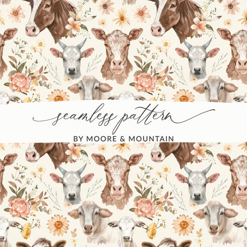 Brown and White Cows Digital Paper, Watercolor Floral Pattern, Farm Animals, Spring Fabric Design, Seamless Background, Scrapbooking - Moore and Mountain