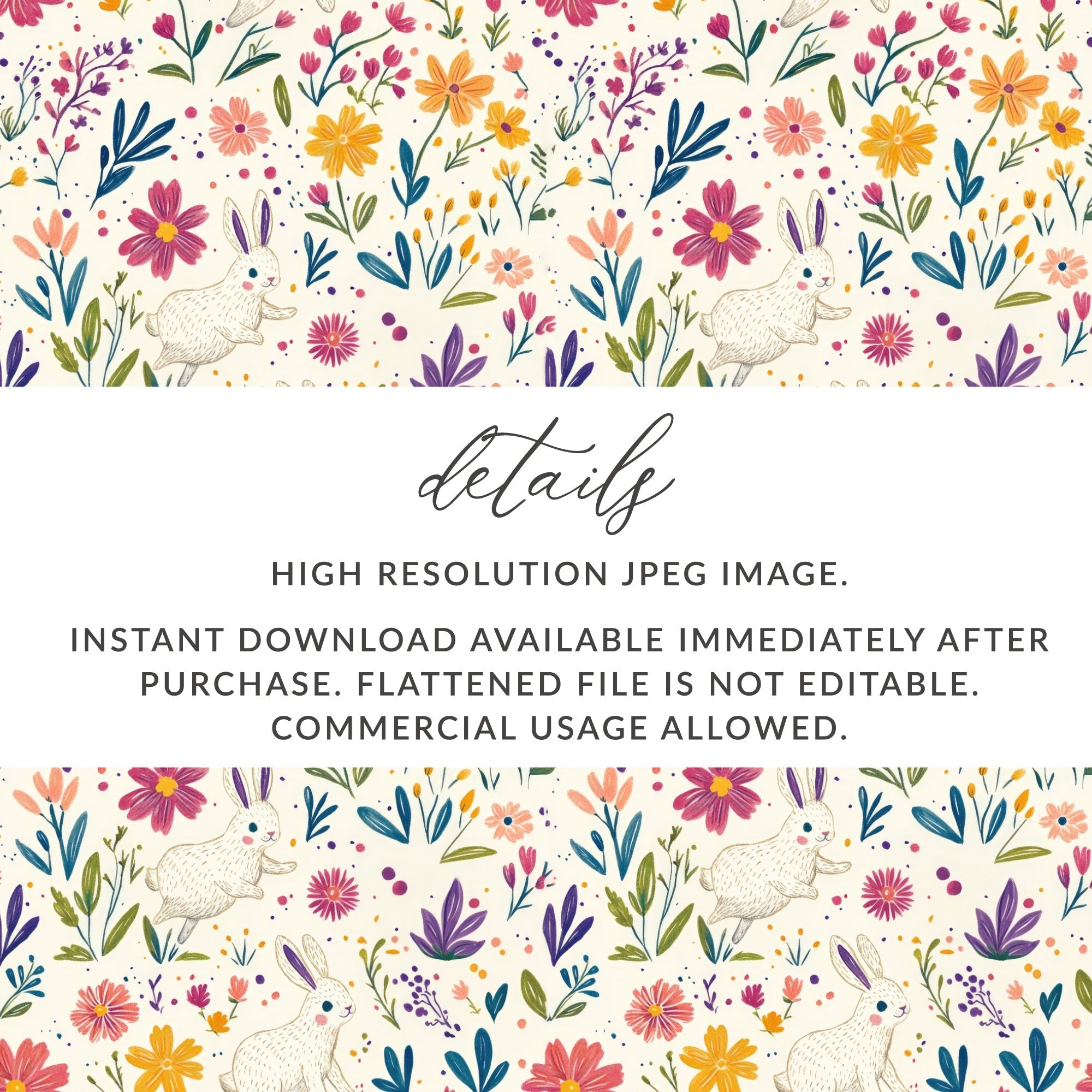 Bunny Amongst Flowers Seamless Pattern Design JPEG Files - Moore and Mountain