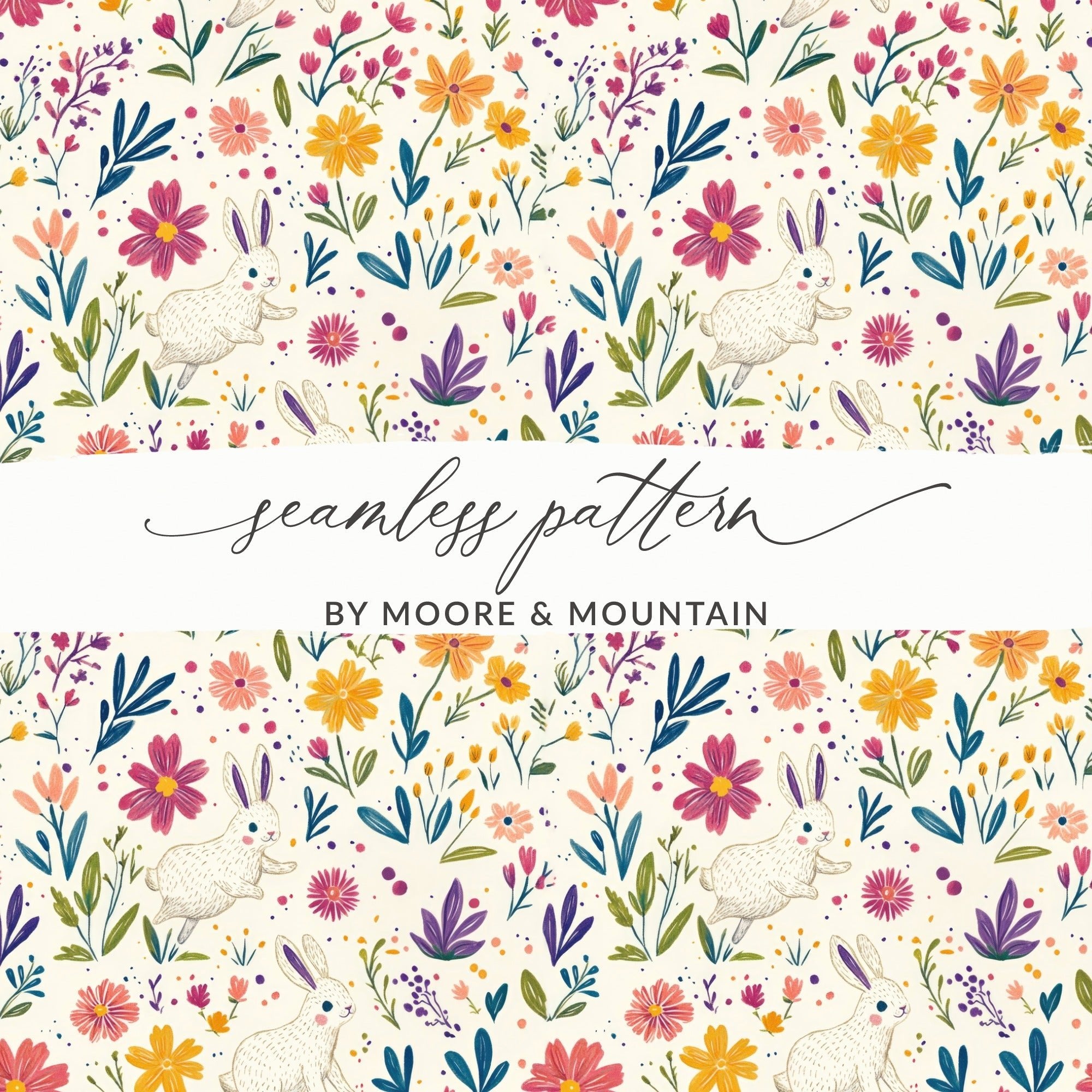 Bunny Amongst Flowers Seamless Pattern Design JPEG Files - Moore and Mountain