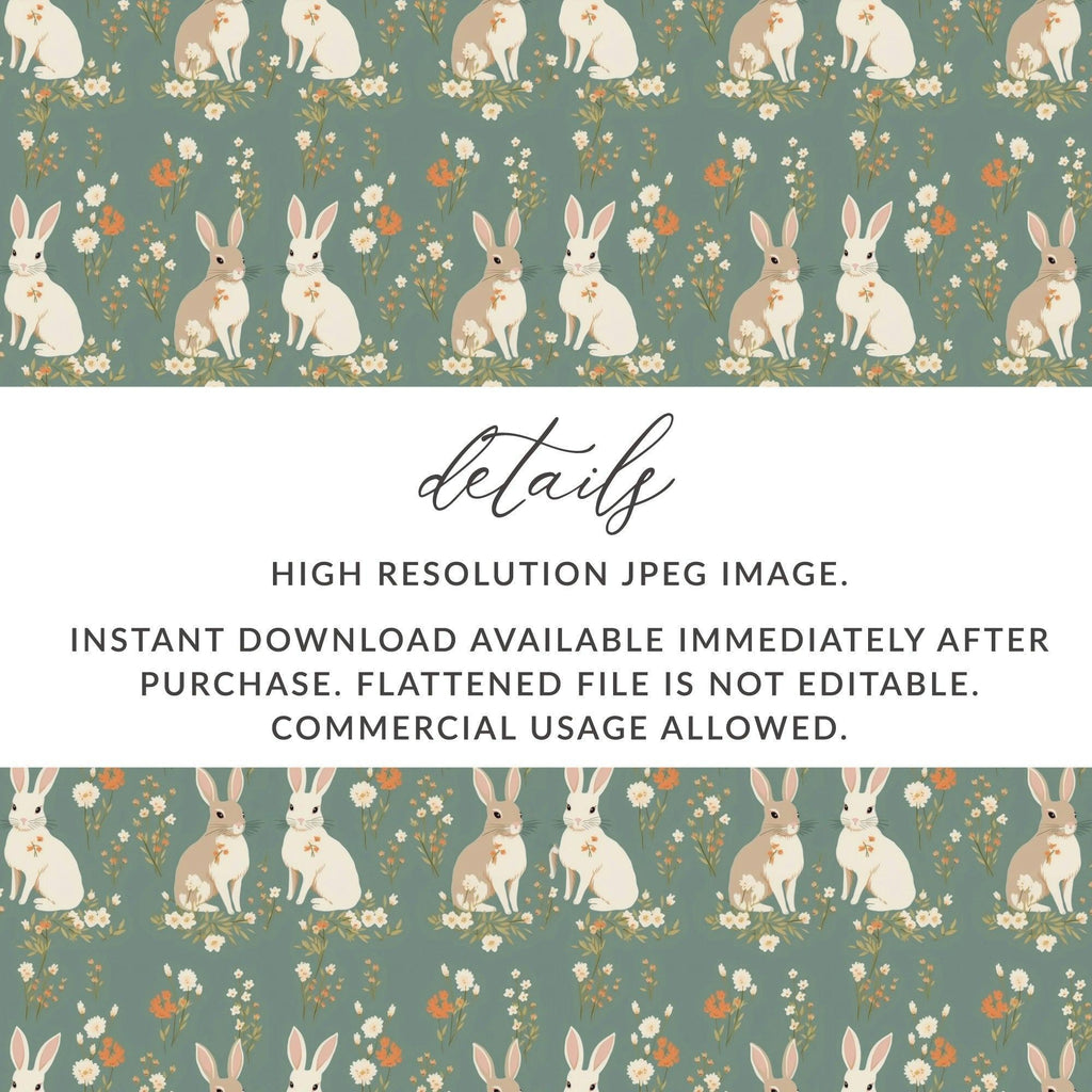 Bunny Floral Digital Paper, Seamless Pattern, Easter Rabbit, Pastel Green, Springtime Design, Digital Download, Scrapbooking Paper, Print - Moore and Mountain