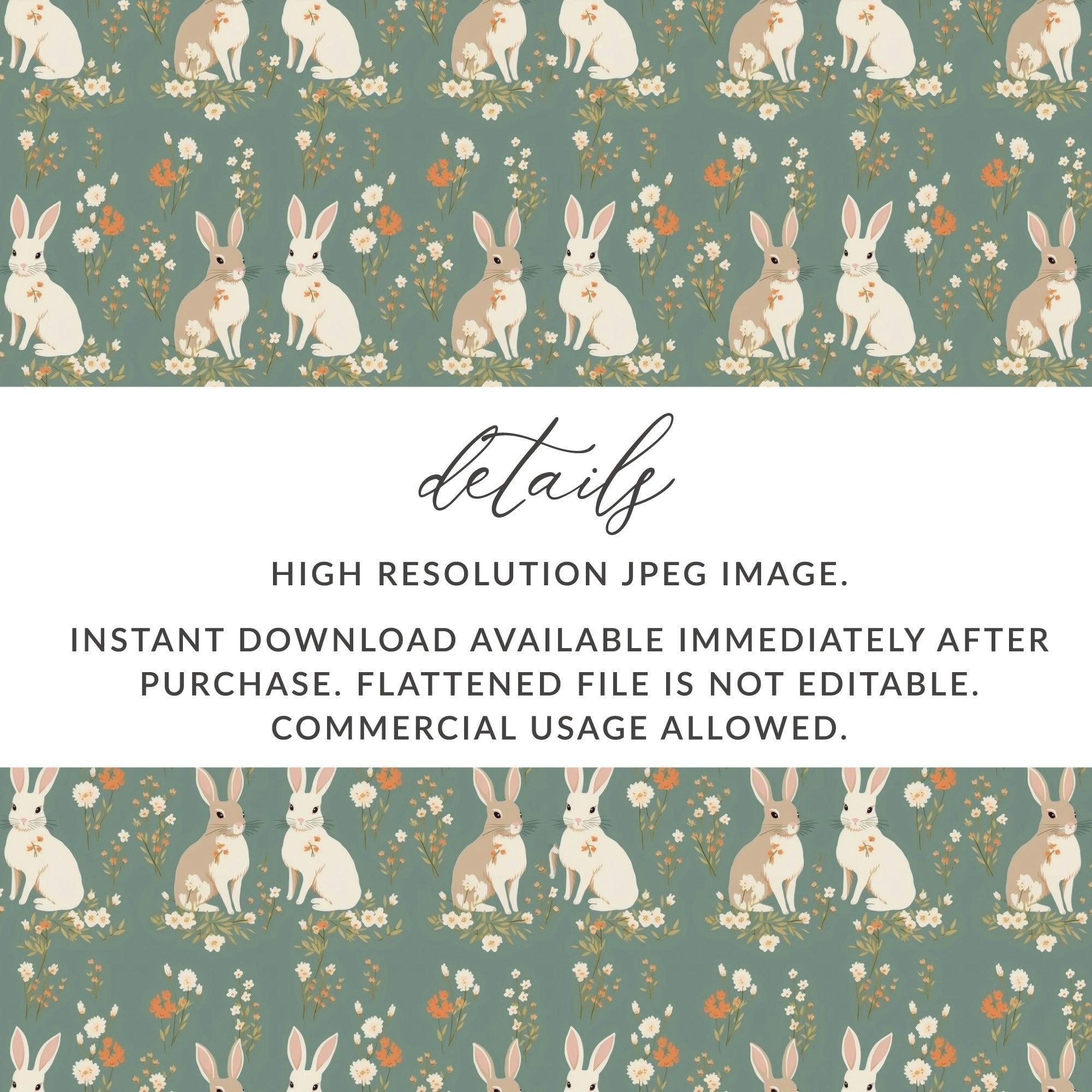 Bunny Floral Digital Paper, Seamless Pattern, Easter Rabbit, Pastel Green, Springtime Design, Digital Download, Scrapbooking Paper, Print - Moore and Mountain
