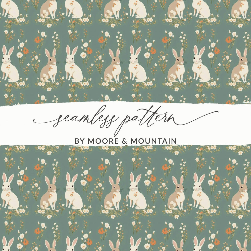 Bunny Floral Digital Paper, Seamless Pattern, Easter Rabbit, Pastel Green, Springtime Design, Digital Download, Scrapbooking Paper, Print - Moore and Mountain