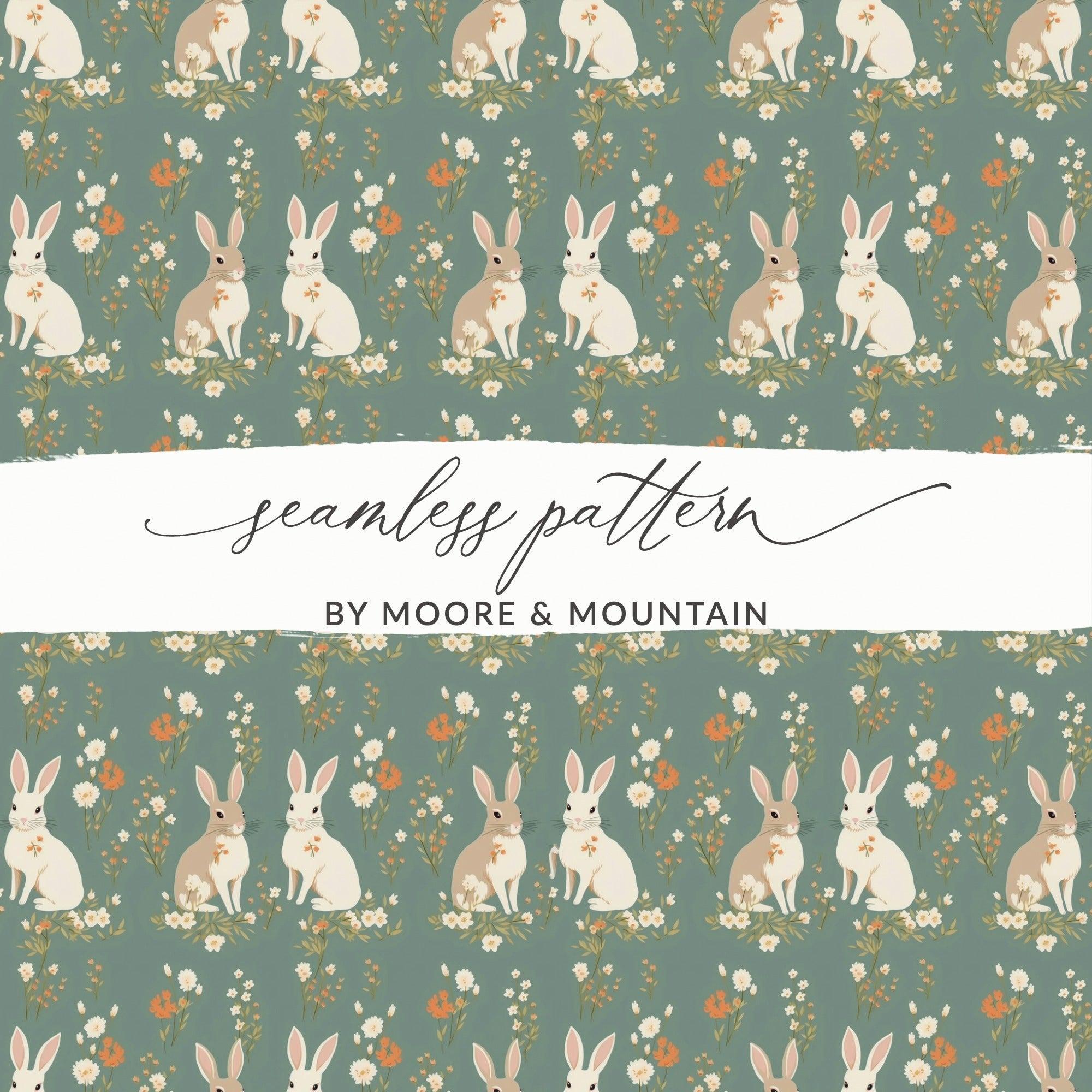 Bunny Floral Digital Paper, Seamless Pattern, Easter Rabbit, Pastel Green, Springtime Design, Digital Download, Scrapbooking Paper, Print - Moore and Mountain