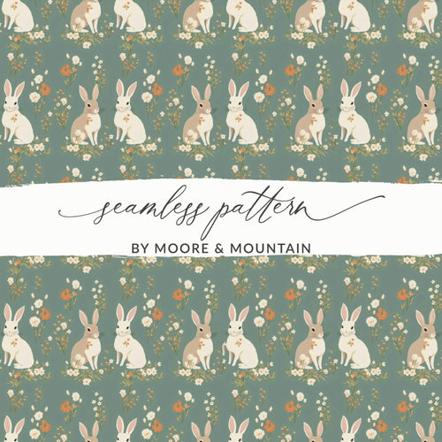 Bunny Floral Digital Paper, Seamless Pattern, Easter Rabbit, Pastel Green, Springtime Design, Digital Download, Scrapbooking Paper, Print - Moore and Mountain