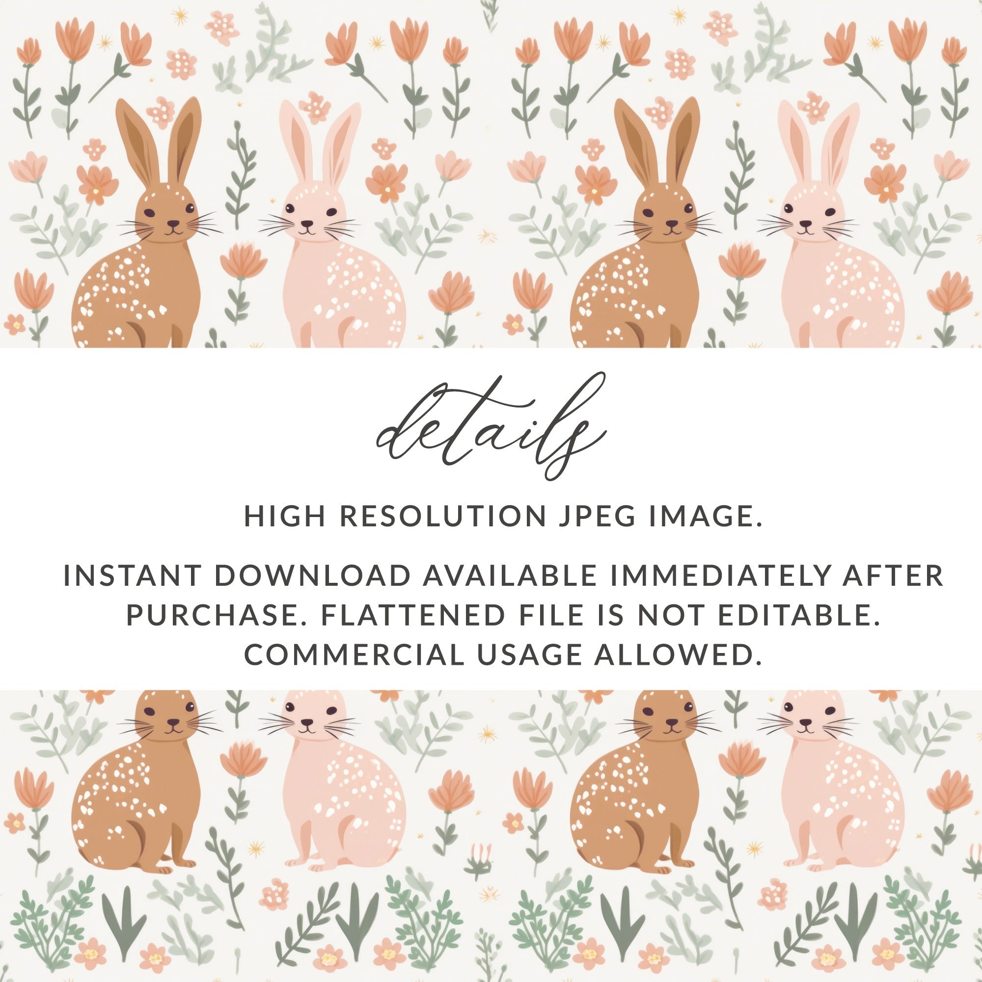 Bunny Floral Seamless Pattern, Cute Rabbit Digital Paper, Spring Animal Print, Easter Fabric Design, Childrens Print, 12x12 JPEG - Moore and Mountain