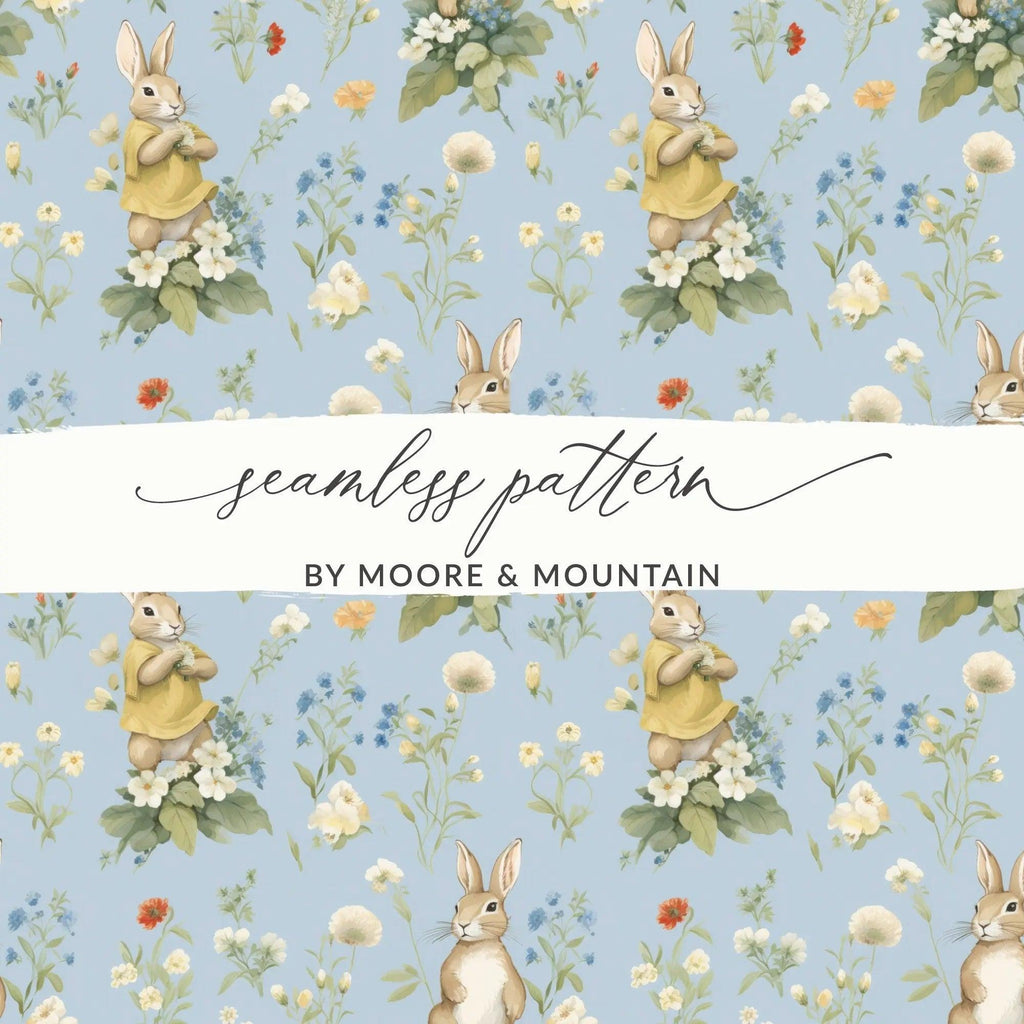 Bunny Floral Seamless Pattern Digital, Rabbit with Flowers, Spring Digital Paper, Pastel Baby Animals, Repeat Pattern, Fabric Design - Moore and Mountain