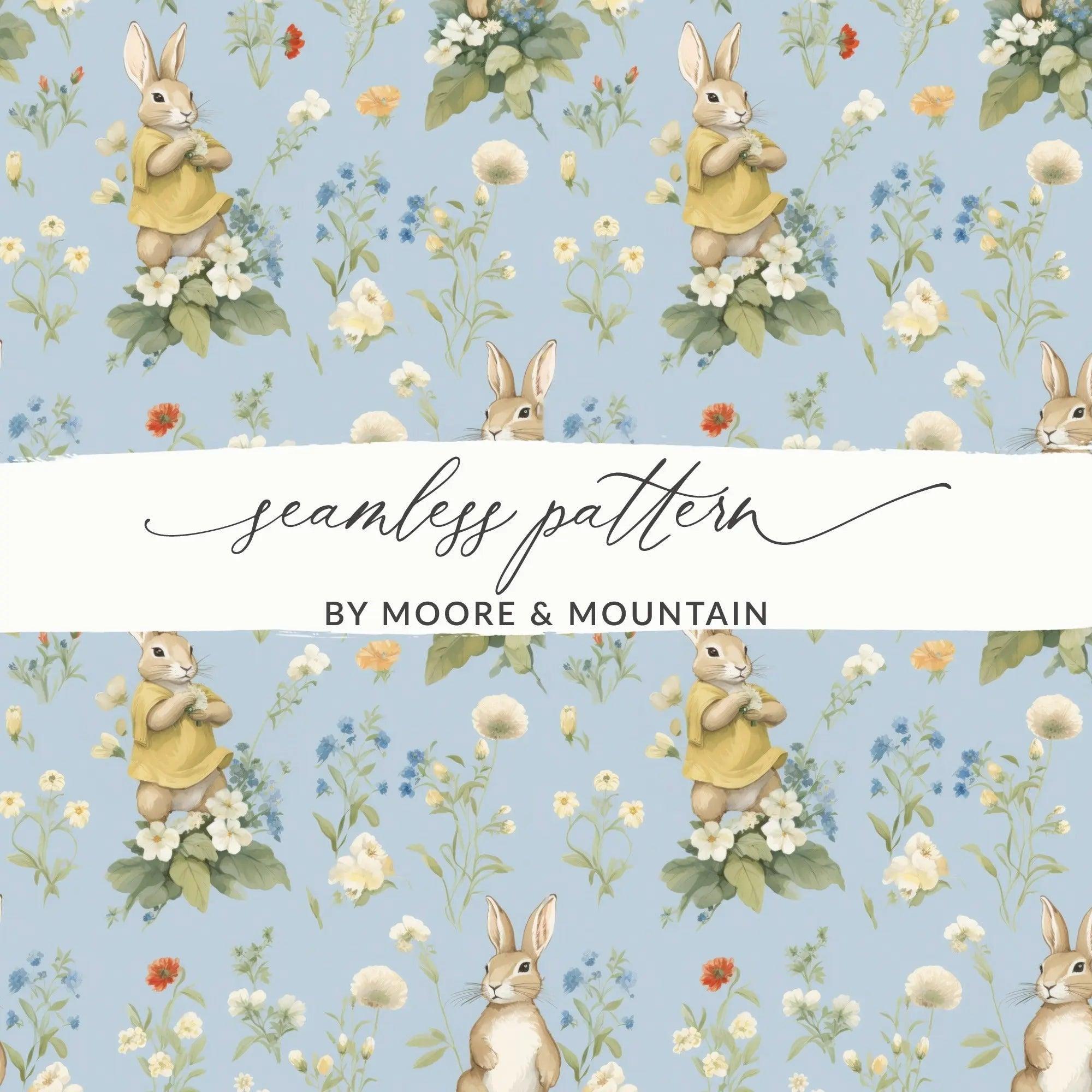 Bunny Floral Seamless Pattern Digital, Rabbit with Flowers, Spring Digital Paper, Pastel Baby Animals, Repeat Pattern, Fabric Design - Moore and Mountain