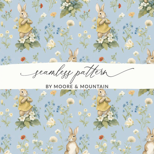 Bunny Floral Seamless Pattern Digital, Rabbit with Flowers, Spring Digital Paper, Pastel Baby Animals, Repeat Pattern, Fabric Design - Moore and Mountain