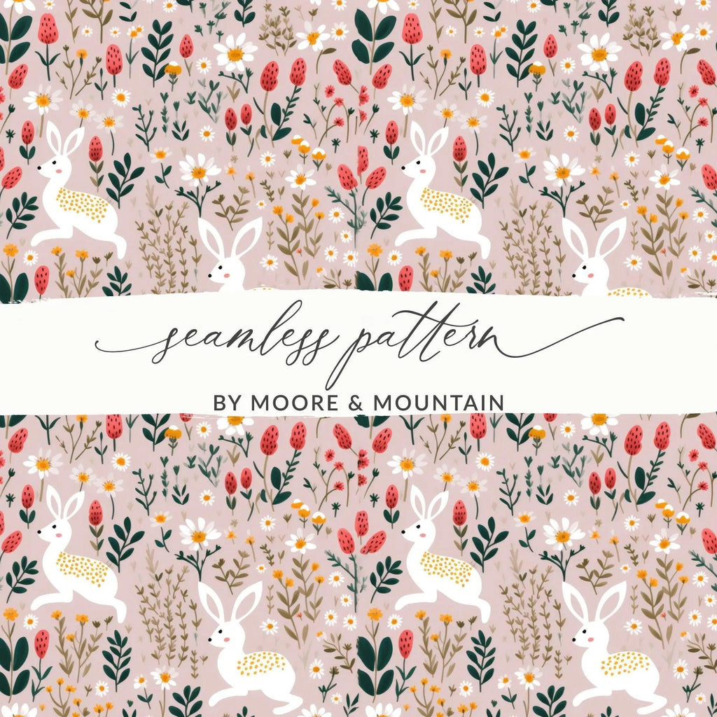 Bunny Floral Seamless Pattern, Spring Digital Paper, Easter Fabric Design, Rabbit Repeat, Digital Download, Surface Pattern - Moore and Mountain