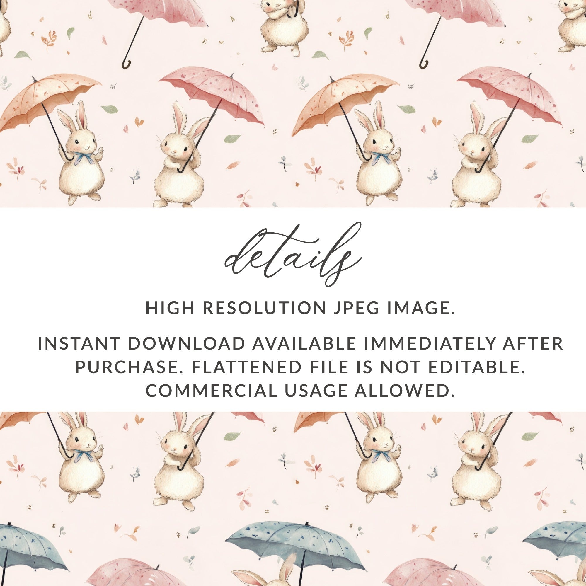 Bunny Rabbit With Umbrellas Digital Paper, Watercolor Cute Animals Pattern, Pink Blue Beige Seamless Design, Spring Easter Texture, Digital - Moore and Mountain