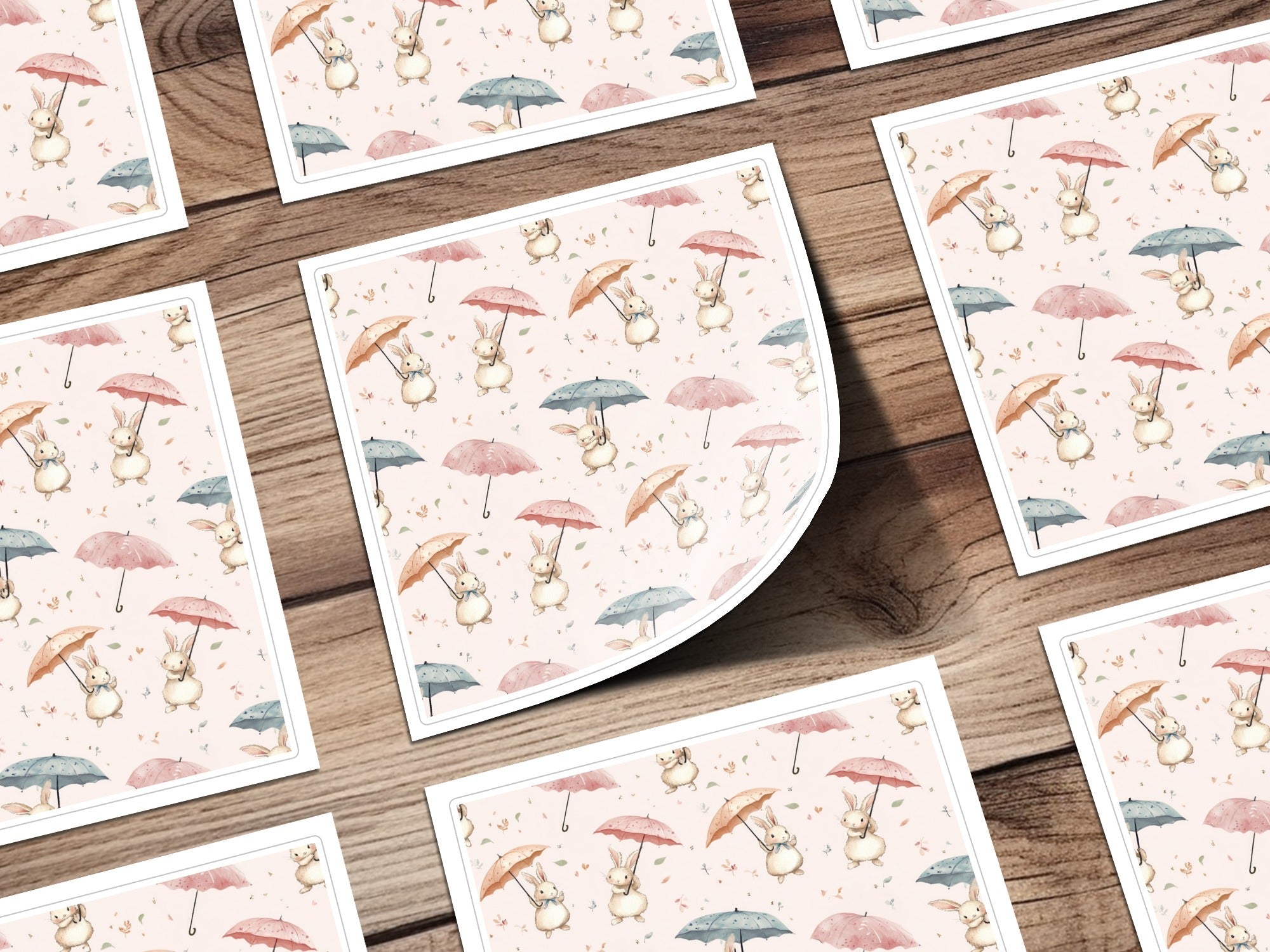 Bunny Rabbit With Umbrellas Digital Paper, Watercolor Cute Animals Pattern, Pink Blue Beige Seamless Design, Spring Easter Texture, Digital - Moore and Mountain