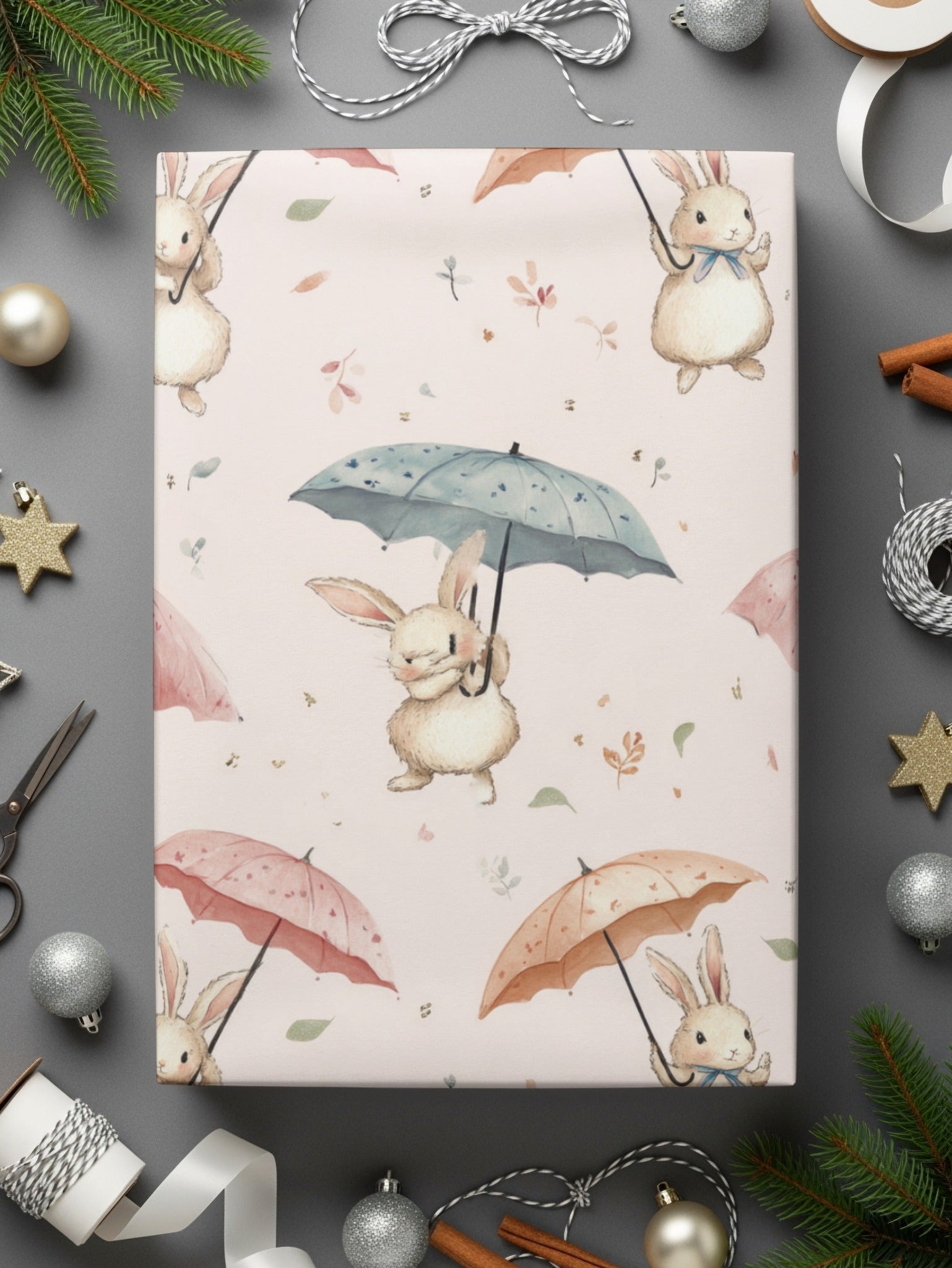 Bunny Rabbit With Umbrellas Digital Paper, Watercolor Cute Animals Pattern, Pink Blue Beige Seamless Design, Spring Easter Texture, Digital - Moore and Mountain