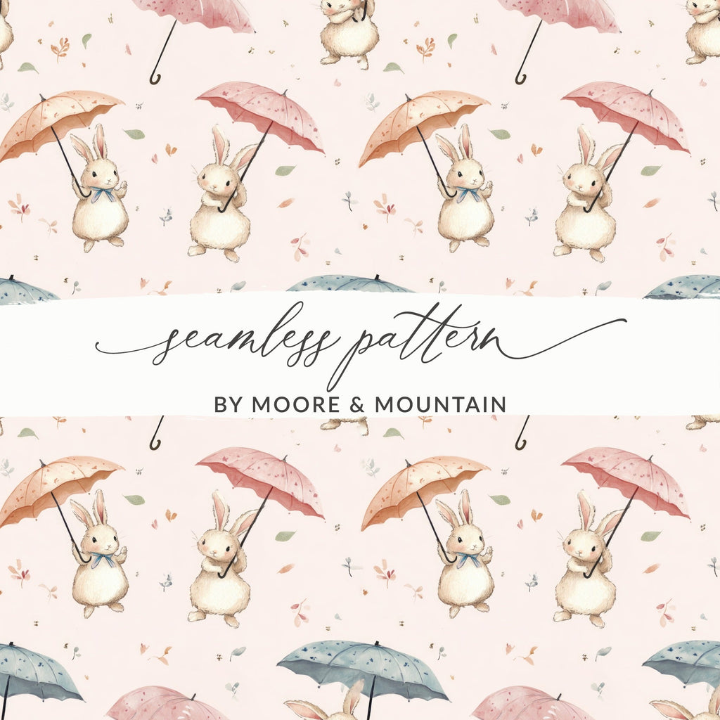 Bunny Rabbit With Umbrellas Digital Paper, Watercolor Cute Animals Pattern, Pink Blue Beige Seamless Design, Spring Easter Texture, Digital - Moore and Mountain