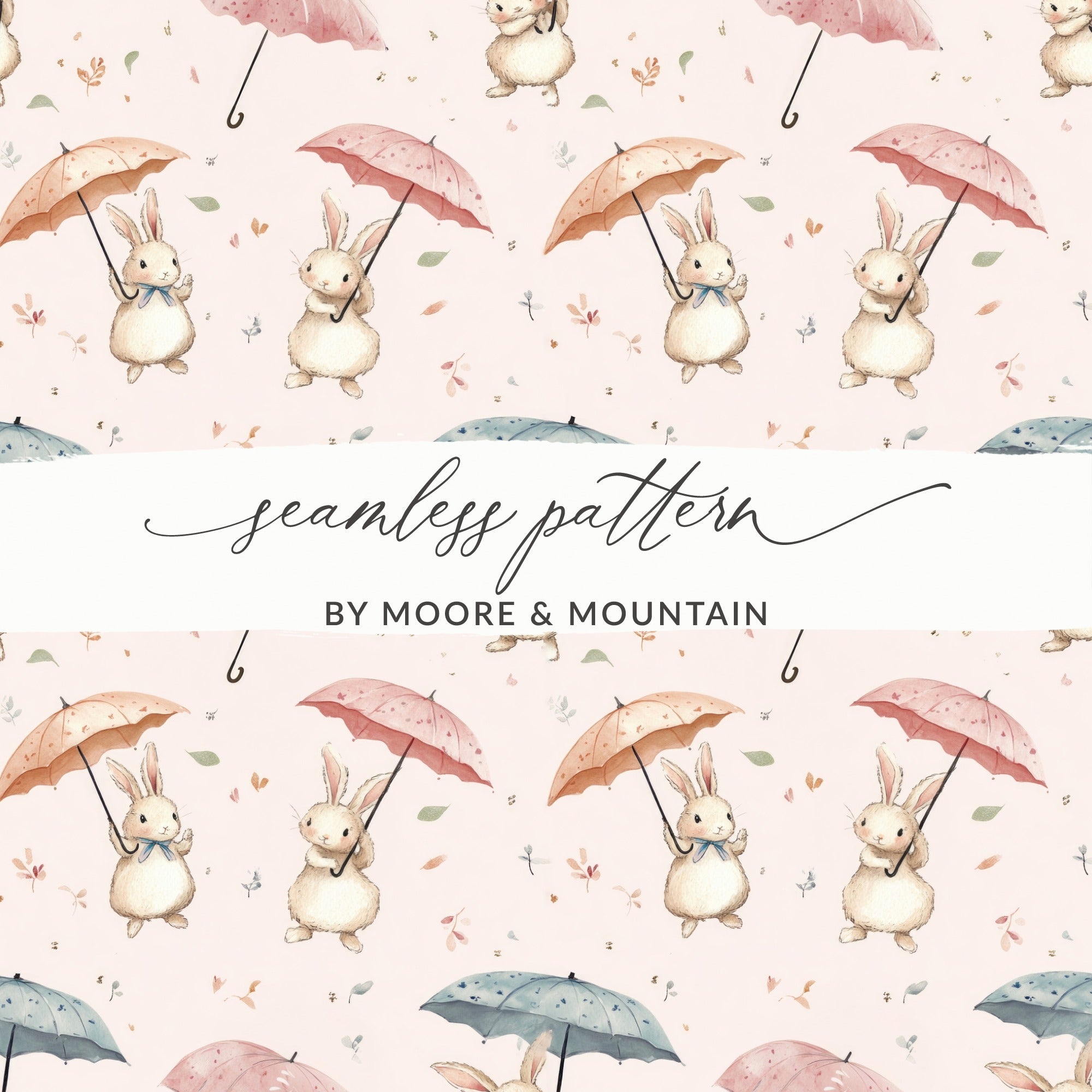 Bunny Rabbit With Umbrellas Digital Paper, Watercolor Cute Animals Pattern, Pink Blue Beige Seamless Design, Spring Easter Texture, Digital - Moore and Mountain