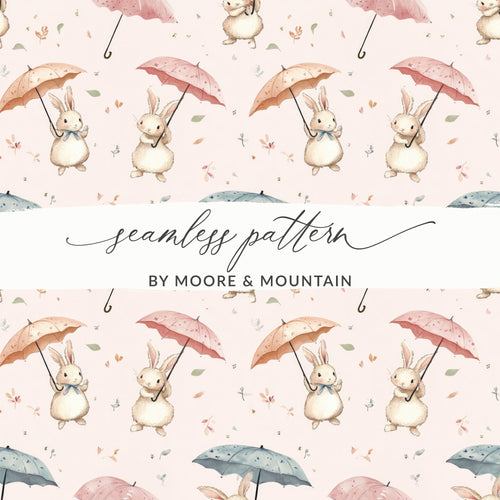 Bunny Rabbit With Umbrellas Digital Paper, Watercolor Cute Animals Pattern, Pink Blue Beige Seamless Design, Spring Easter Texture, Digital - Moore and Mountain