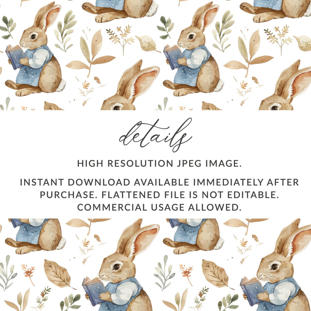 Bunny Reading Book Digital Paper, Rabbit Seamless Pattern, Watercolor Animal Print, Scrapbook Paper, Fabric Design, Digital Download - Moore and Mountain