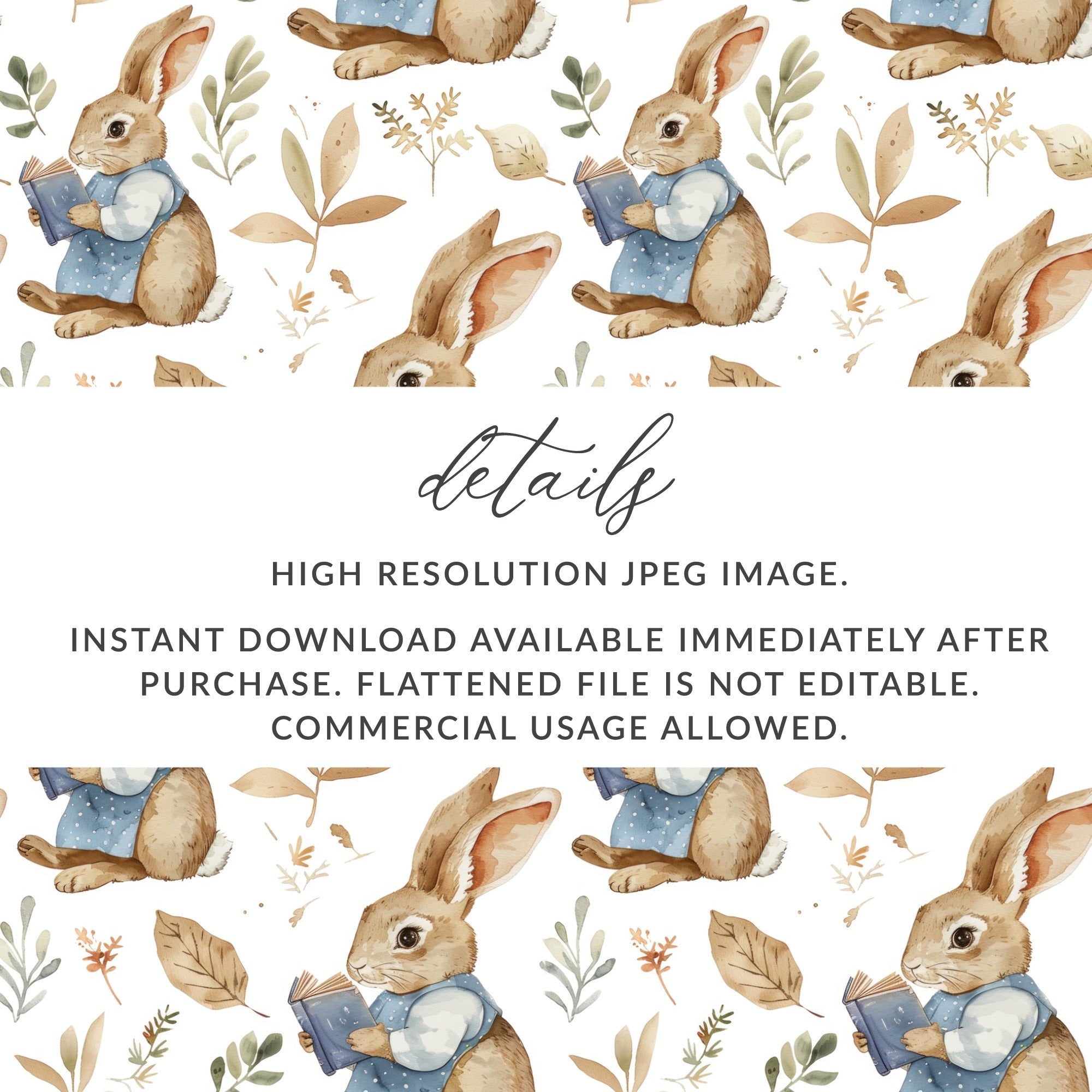 Bunny Reading Book Digital Paper, Rabbit Seamless Pattern, Watercolor Animal Print, Scrapbook Paper, Fabric Design, Digital Download - Moore and Mountain