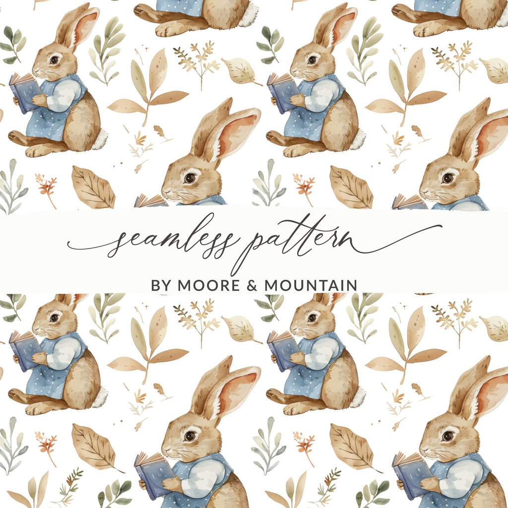 Bunny Reading Book Digital Paper, Rabbit Seamless Pattern, Watercolor Animal Print, Scrapbook Paper, Fabric Design, Digital Download - Moore and Mountain