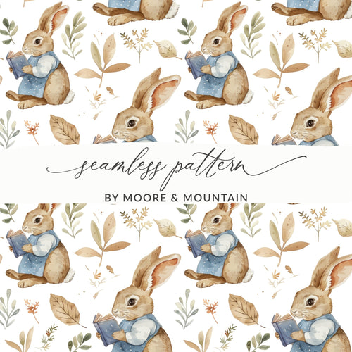 Bunny Reading Book Digital Paper, Rabbit Seamless Pattern, Watercolor Animal Print, Scrapbook Paper, Fabric Design, Digital Download - Moore and Mountain