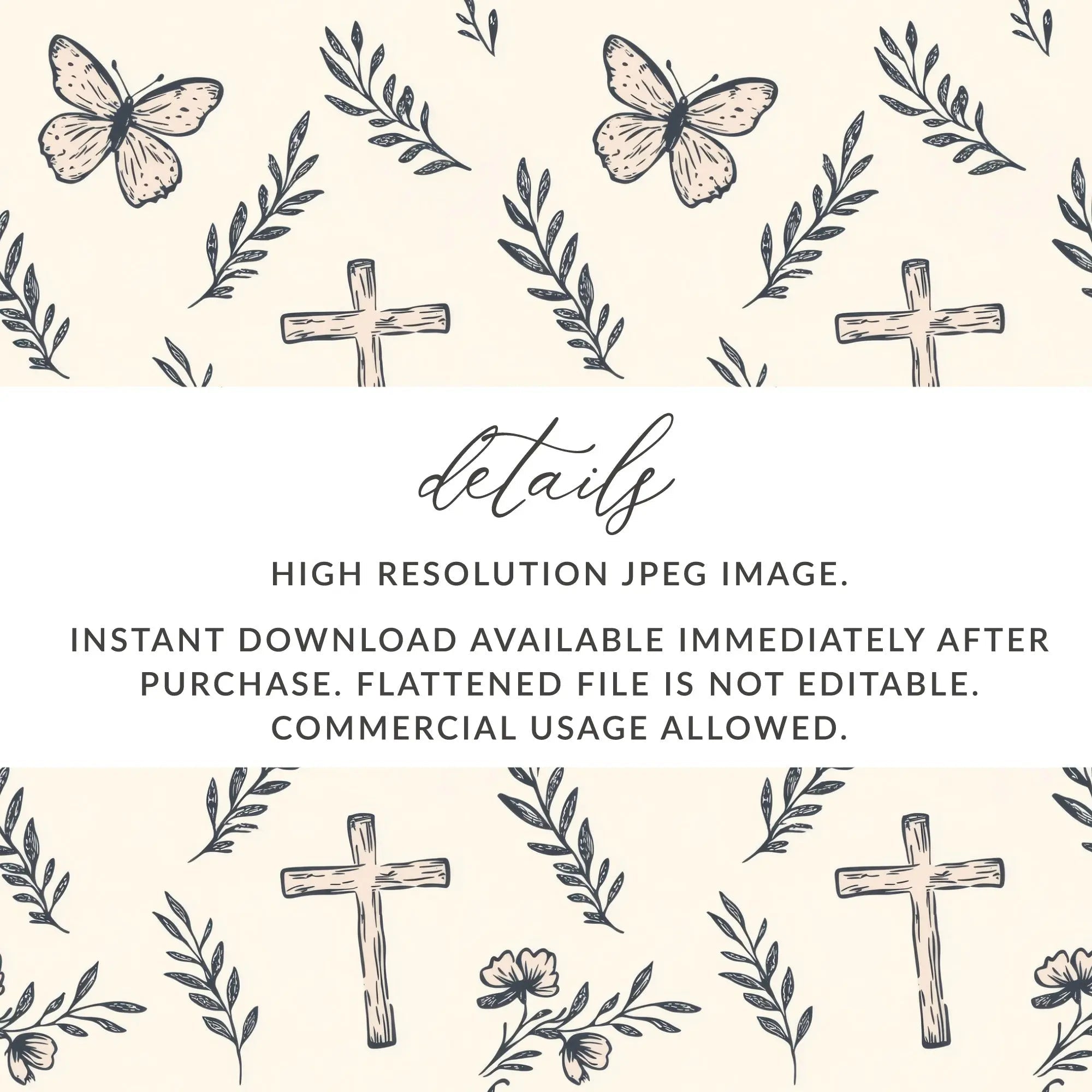 Butterfly Cross Seamless Pattern, Floral Digital Paper, Faith Inspired Designs, JPEG Files for Fabric Design, Scrapbooking - Moore and Mountain