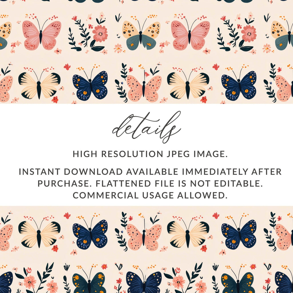 Butterfly Digital Paper, Floral Pattern, Pink, Navy, Beige, Seamless Pattern, Spring Digital Download, Kids Fabric, Scrapbooking - Moore and Mountain