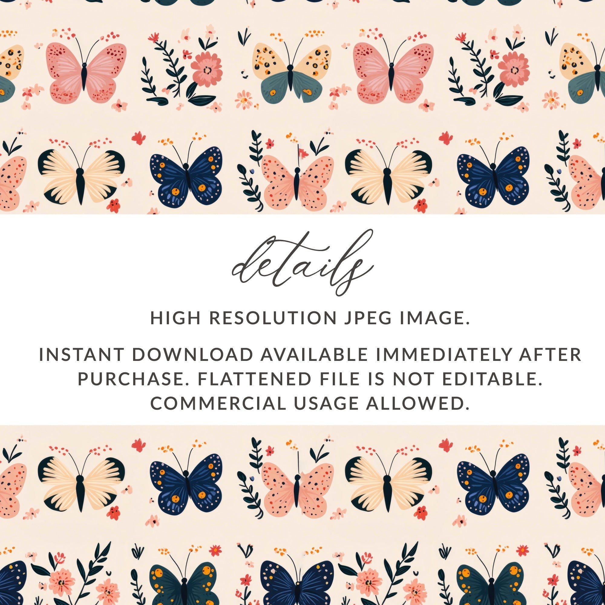 Butterfly Digital Paper, Floral Pattern, Pink, Navy, Beige, Seamless Pattern, Spring Digital Download, Kids Fabric, Scrapbooking - Moore and Mountain