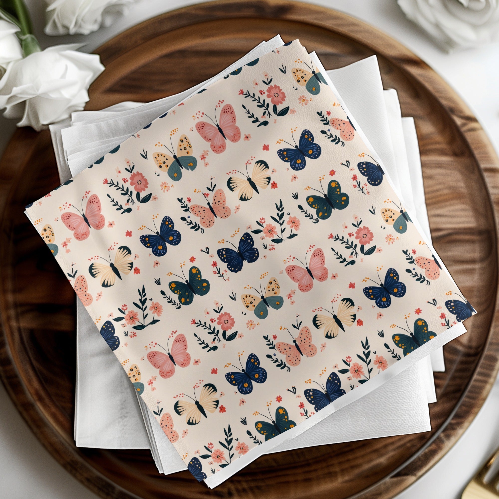 Butterfly Digital Paper, Floral Pattern, Pink, Navy, Beige, Seamless Pattern, Spring Digital Download, Kids Fabric, Scrapbooking - Moore and Mountain