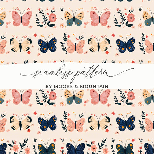 Butterfly Digital Paper, Floral Pattern, Pink, Navy, Beige, Seamless Pattern, Spring Digital Download, Kids Fabric, Scrapbooking - Moore and Mountain