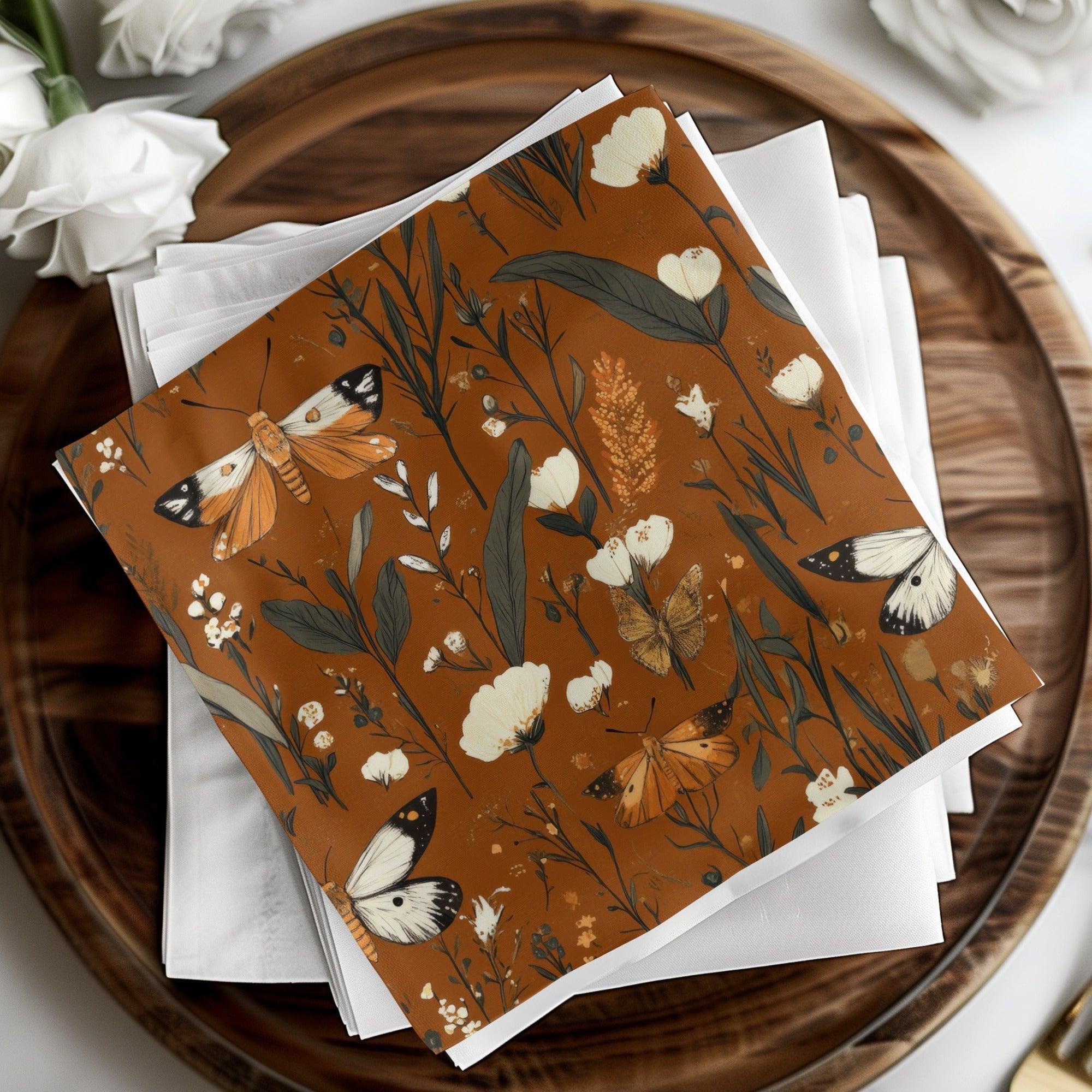 Butterfly Digital Paper, Floral Seamless Pattern, Nature Fabric Design, Botanical Scrapbook Paper, Rust Background, JPEG Digital Files - Moore and Mountain