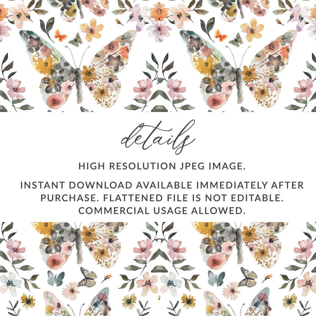 Butterfly Floral Pattern Digital Paper, Watercolor Seamless Pattern for Fabric, Scrapbooking, Packaging, 2 Scales, 2 Backgrounds - Moore and Mountain