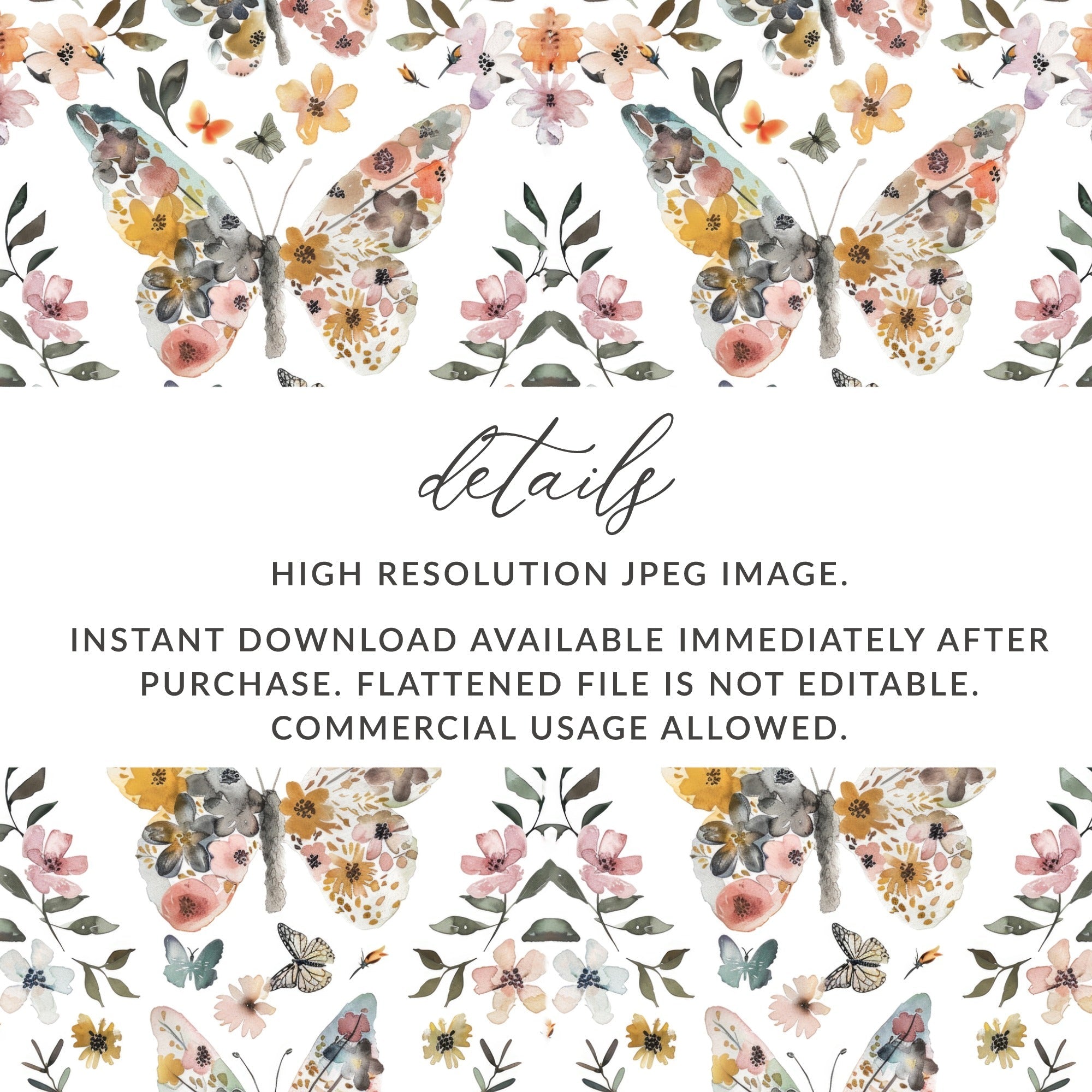 Butterfly Floral Pattern Digital Paper, Watercolor Seamless Pattern for Fabric, Scrapbooking, Packaging, 2 Scales, 2 Backgrounds - Moore and Mountain
