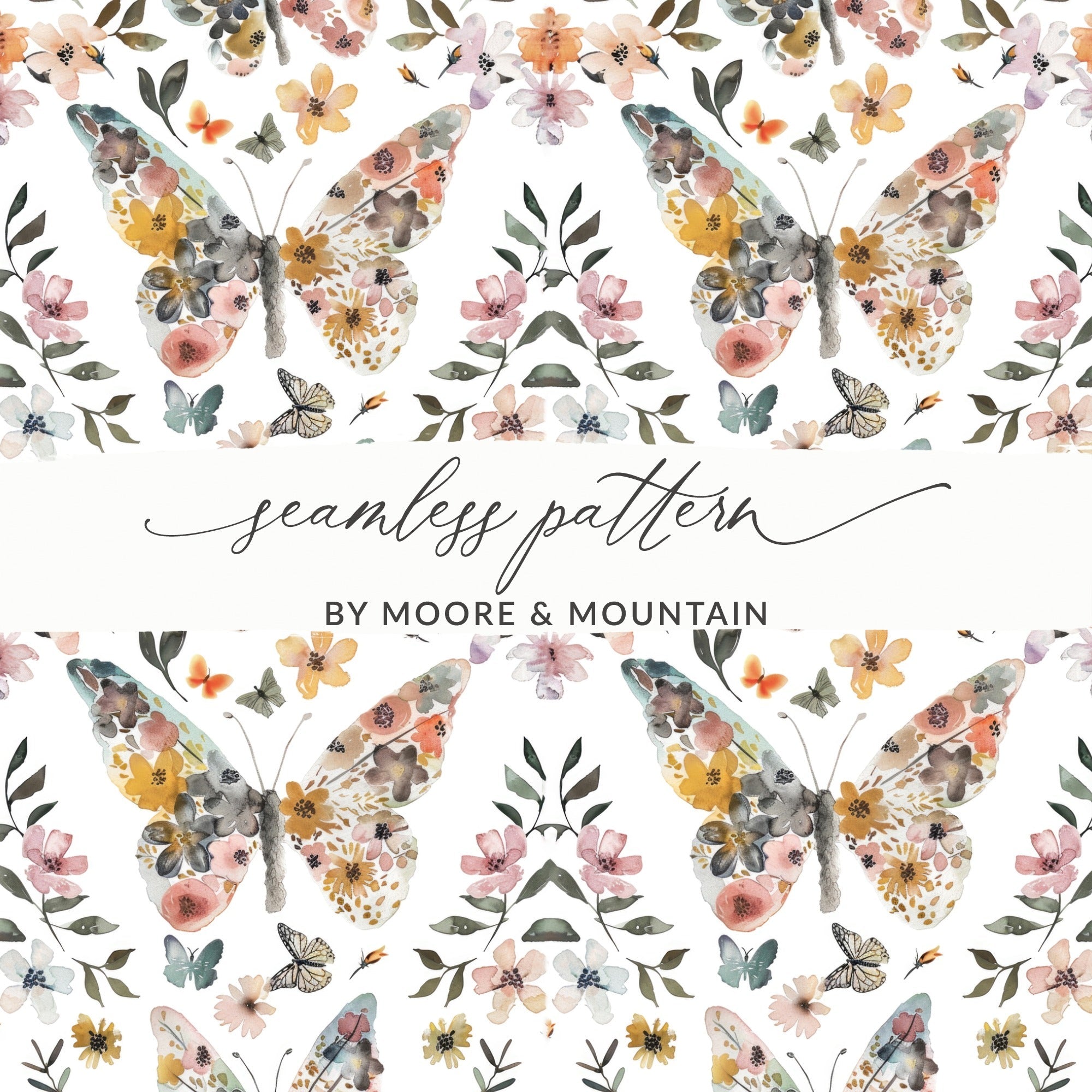 Butterfly Floral Pattern Digital Paper, Watercolor Seamless Pattern for Fabric, Scrapbooking, Packaging, 2 Scales, 2 Backgrounds - Moore and Mountain