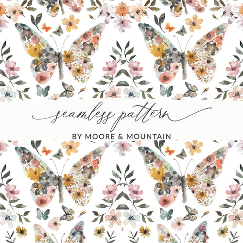 Butterfly Floral Pattern Digital Paper, Watercolor Seamless Pattern for Fabric, Scrapbooking, Packaging, 2 Scales, 2 Backgrounds - Moore and Mountain