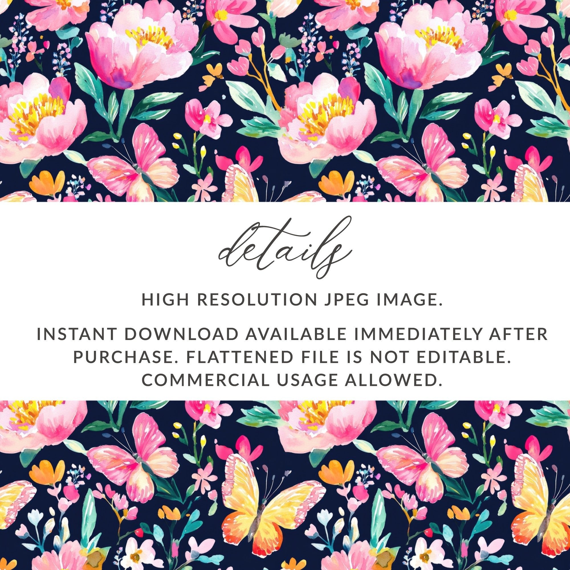 Butterfly and Floral Digital Seamless Pattern, Watercolor Flower Print, Floral Repeat Pattern, Fabric Design, Digital Paper - Moore and Mountain