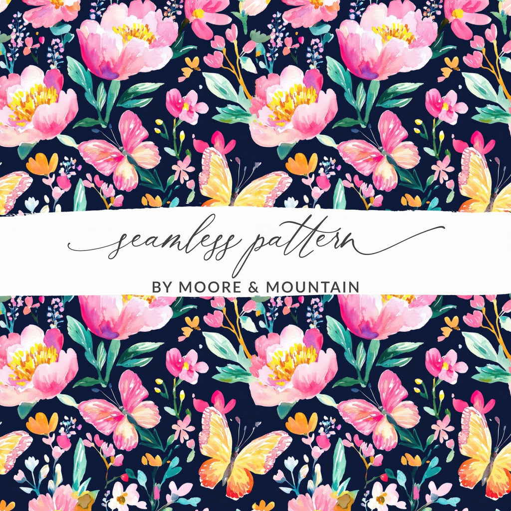 Butterfly and Floral Digital Seamless Pattern, Watercolor Flower Print, Floral Repeat Pattern, Fabric Design, Digital Paper - Moore and Mountain