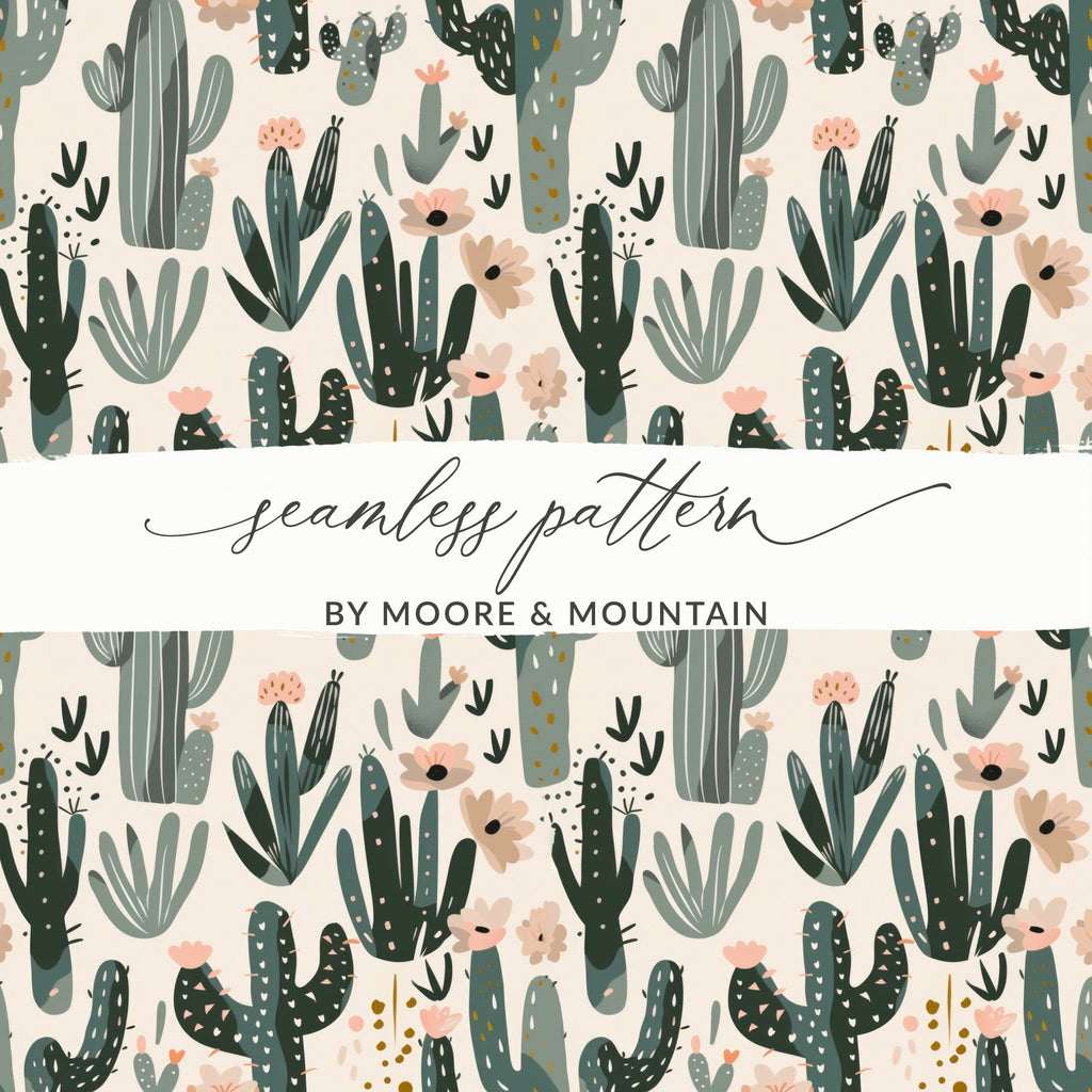 Cactus Flower Digital Paper, Seamless Pattern, Boho Plants Illustration, Desert Printable, Scrapbooking Paper, Fabric Design - Moore and Mountain